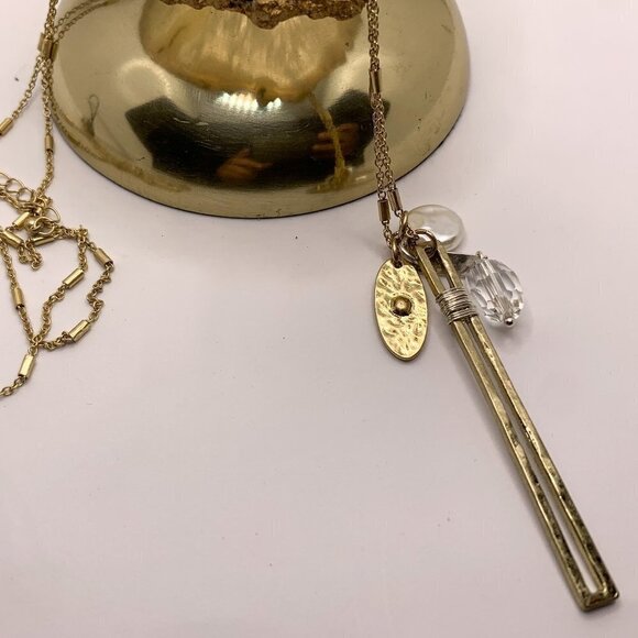 NWT Long Gold Chain Charm necklace - Mixed Metal, Gold Bar, Pearl - Picture 1 of 5